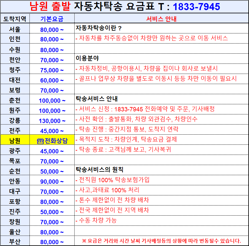 남원 출발 전국 자동차탁송 요금표.png