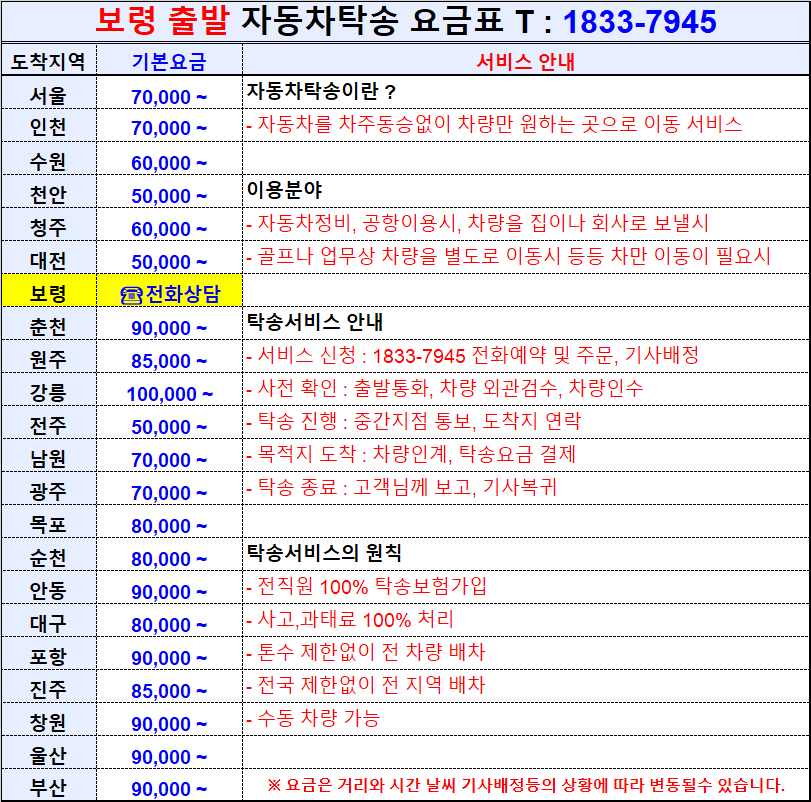 보령 출발 전국 자동차탁송 요금표.png